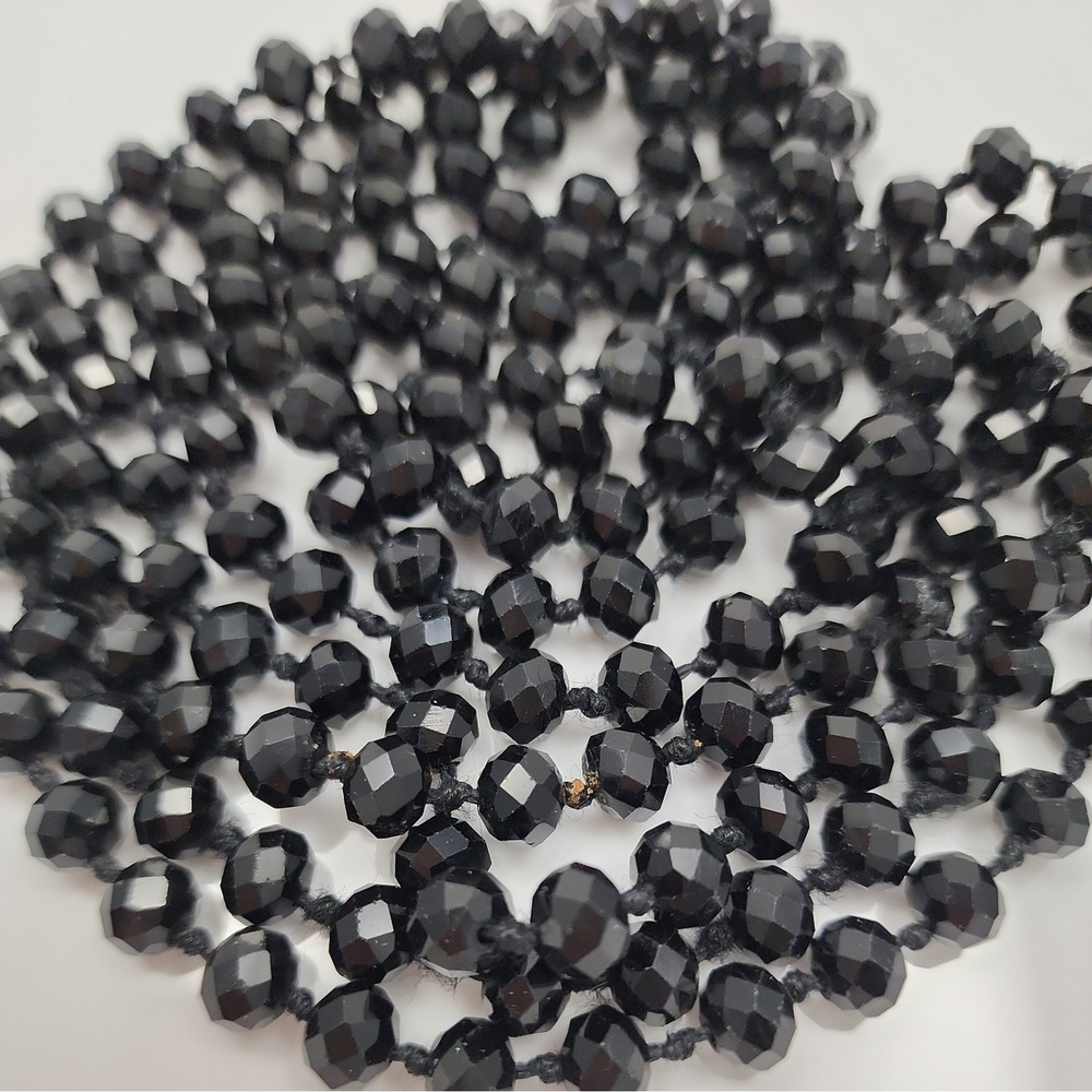 Vintage Faceted Black Glass Beaded SUPER LONG 64" Flapper Necklace Hand Knotted